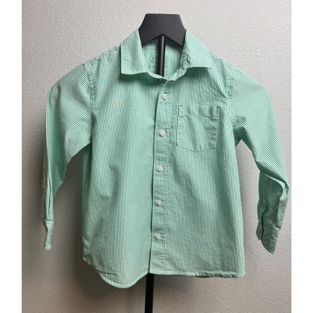 Primary Kids Green White Striped Button Down Shirt Cotton Size 6-7 Long Sleeve